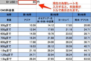 EMS料金表 (ドル表示・為替レート変更対応可)